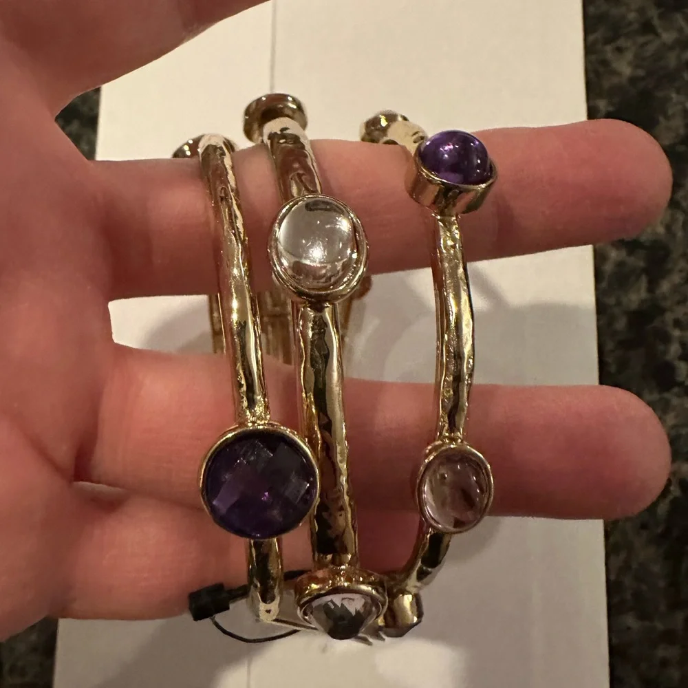 Chico's Gold stretch Bangles with Purple and Silver Accents.  Three (3).